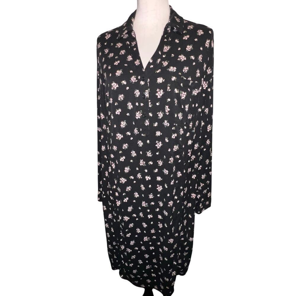 Market‎ & Spruce 2X Black Floral Vasilisa Twill 1/4 Button Henley Shirt Dress